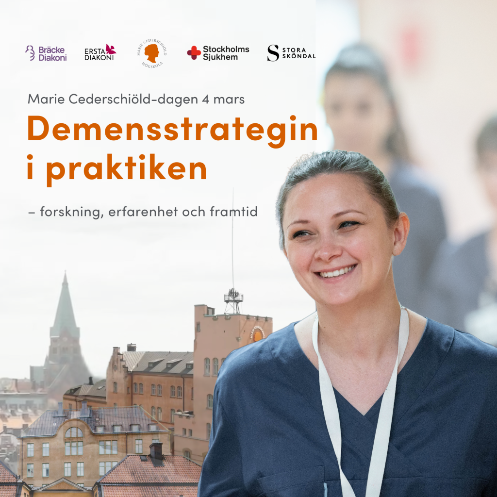 Kvinna med vårdkläder ibakgrnden ytterligare en kvinna och en siluett av byggnader i Stockholm