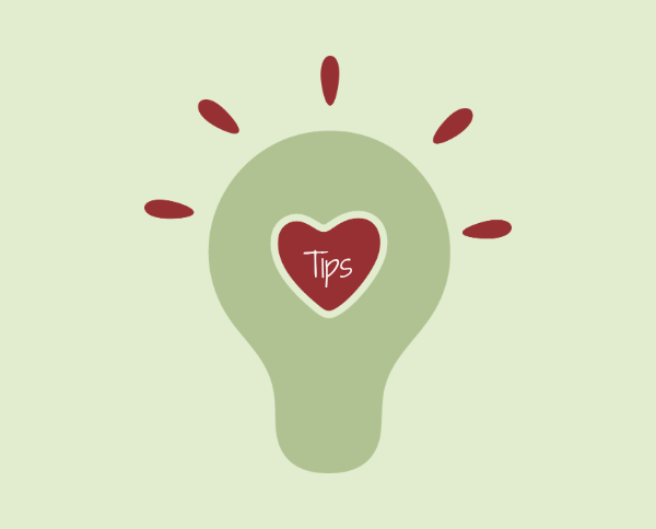 Grafiskt element med en glödlampa och ett hjärta i mitten där det står tips. Bilden symboliserar tips på hur man hanterar åldrandet